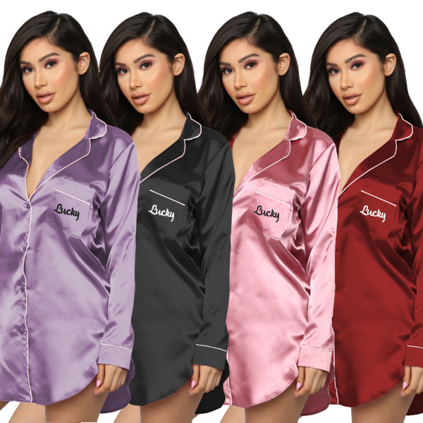 Home Wear Letter Embroidery Long Sleeves Mini Dress Q758