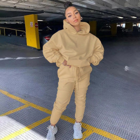 Casual Solid Color Long Sleeves Hooded Sweater With Drawstring Trousers Two Piece Sets K20S09607