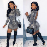Sexy Sequins Round Neck Long Sleeves Backless Mini Skinny Dress LS6404
