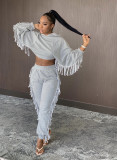 Fashion Solid Color Tassel Long Sleeves Hooded Sweater With Trousers Two Piece Sets BN126