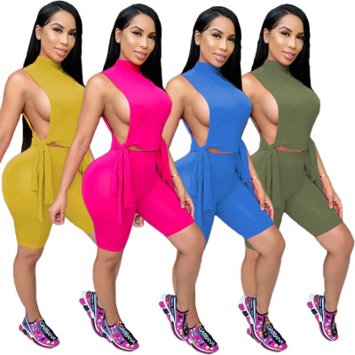 Pure color character sleeveless sleeve casual two-piece suit AW5841