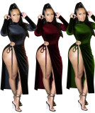 Fashionable Silver Fox Velvet Hollow Sexy Long Sleeve Long Dress R6361