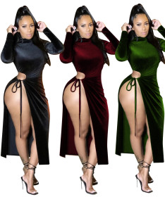 Fashionable Silver Fox Velvet Hollow Sexy Long Sleeve Long Dress R6361