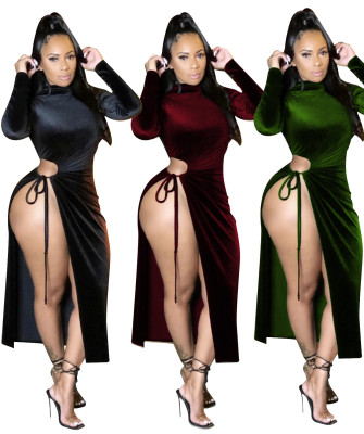 Fashionable Silver Fox Velvet Hollow Sexy Long Sleeve Long Dress R6361