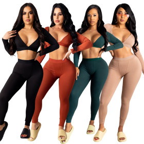Sexy V-Neck Long Sleeves Cropped Top With Trousers Two Pieces Sets  YF8877