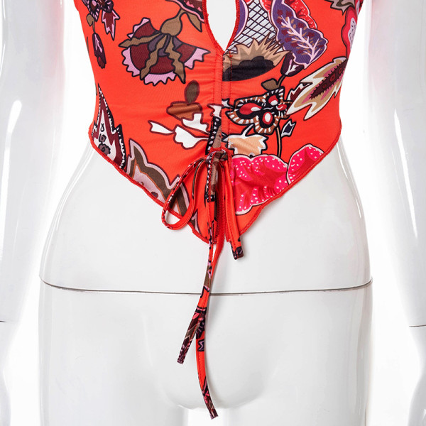 Printed halterneck lace-up cutout open back T-shirt top K21TP224