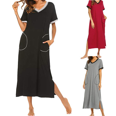 Spliced hem slit dress pocket short sleeve nightdress OYW20242