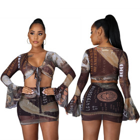 Sexy Mesh Printed V-Neck Long Sleeves Cropped Top With Mini Skirt Two Pieces Sets J2397