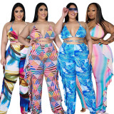 Fat Women plus size Womens sexy hollow bikini ruffled printed wide-leg pants two-piece suit ONY5080