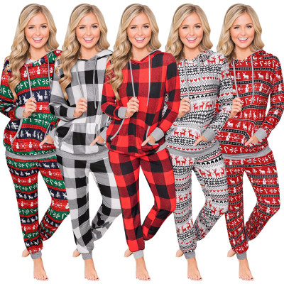 Casual Christmas Plaid Print Long Sleeves Hooded Drawstring Sweater With Trousers Two piece Sets NS7