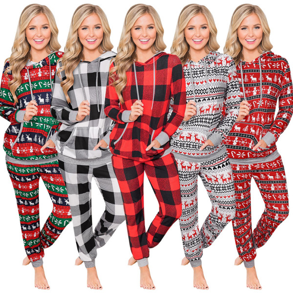 Casual Christmas Plaid Print Long Sleeves Hooded Drawstring Sweater With Trousers Two piece Sets NS7