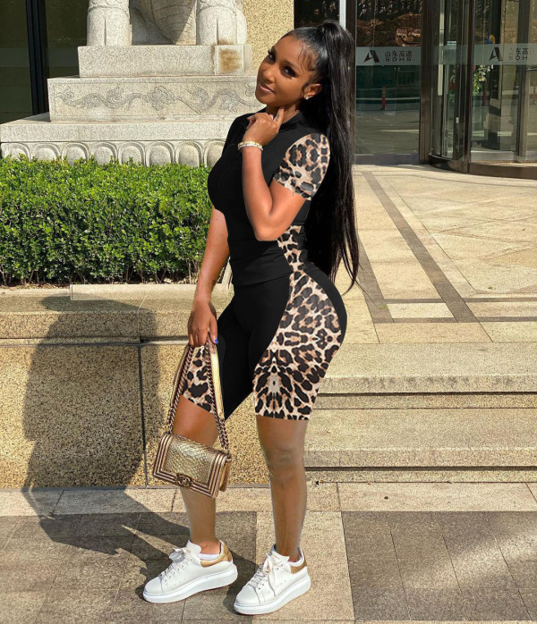 Fashion zipper leopard stitching two-piece suit S959
