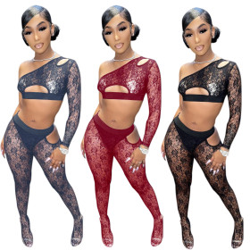 See-through lace hollow one-shoulder suit QZ4336