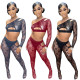 See-through lace hollow one-shoulder suit QZ4336
