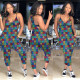 Fashion Printed Suspenders Deep Neck Jumpsuit  Y306