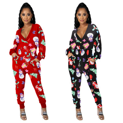 Fashion sexy deep V pocket print one-piece harem pants N9265