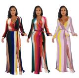 Sexy Striped Contrast V-Neck Long Sleeves Split Long Dress FM1124