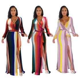 Sexy Striped Contrast V-Neck Long Sleeves Split Long Dress FM1124
