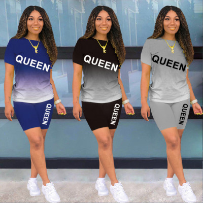 Casual Letter Printed Round Neck Short Sleeves T-Shirt With Shorts Two Pieces Sets  DL8070