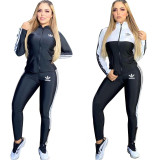 Sports Contrast Stitching Zipper Long Sleeves Cardigan With Trousers Two Piece Sets YSF2302