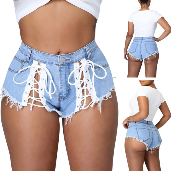 Lace-up micro fringed denim hot pants ED8376