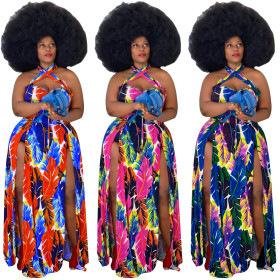 Plus size fat Womens S-5XL digital printing sexy halter neck split dress ONY5075