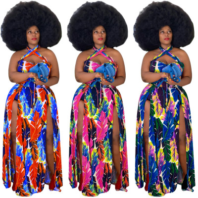 Plus size fat Womens S-5XL digital printing sexy halter neck split dress ONY5075