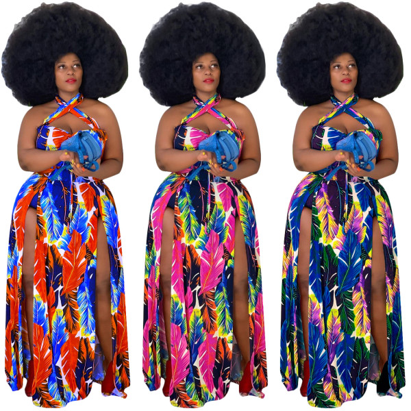 Plus size fat Womens S-5XL digital printing sexy halter neck split dress ONY5075