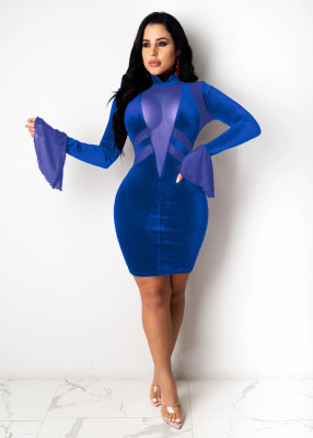 Sexy Mesh Stitching Velvet High Collar Long Flared Sleeves Mini Bodycon Dress  WMZ2623