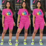 Casual Lips Printed Round Neck Long Sleeves Top With Shorts Plus Size Two Piece Sets TP052