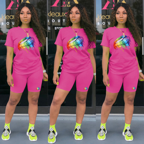 Casual Lips Printed Round Neck Long Sleeves Top With Shorts Plus Size Two Piece Sets TP052