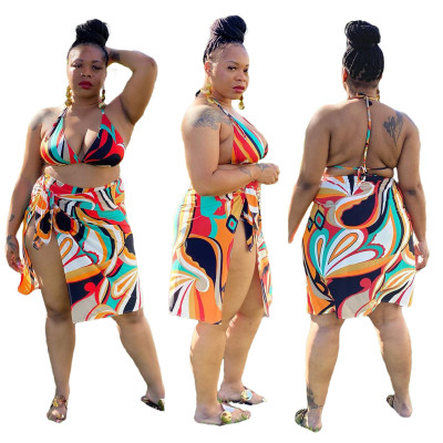 Womens plus size fat lady print three-piece swimsuit SQ953