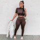 Ladies Fashion Casual Short Sleeve Cropped Top Tight Fit 2 Piece Set FFD1105