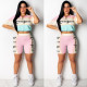 Fashion Printed Stitching Zipper Short Sleeves Tops With Shorts Two Pieces Sets  R6207
