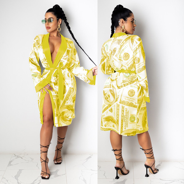 Sexy Printed Long Sleeves Lace-Up Cardigan Midi Jacket KA7139