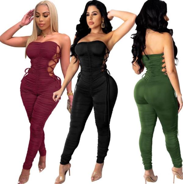 Sexy Solid Color Hollow Out Sleeveless Backless Pleated Lace-Up Jumpsuit WMZ2604