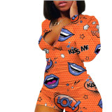 Fashion Plus Size Cartoon Printed V-Neck Long Sleeves Short Pants Jumpsuit SFY6028