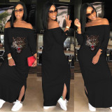 Sexy Sequins Printed Off Shoulder Long Sleeves Split Midi Dress QY5038