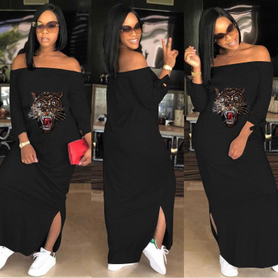 Sexy Sequins Printed Off Shoulder Long Sleeves Split Midi Dress QY5038