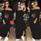 Sexy Sequins Printed Off Shoulder Long Sleeves Split Midi Dress QY5038