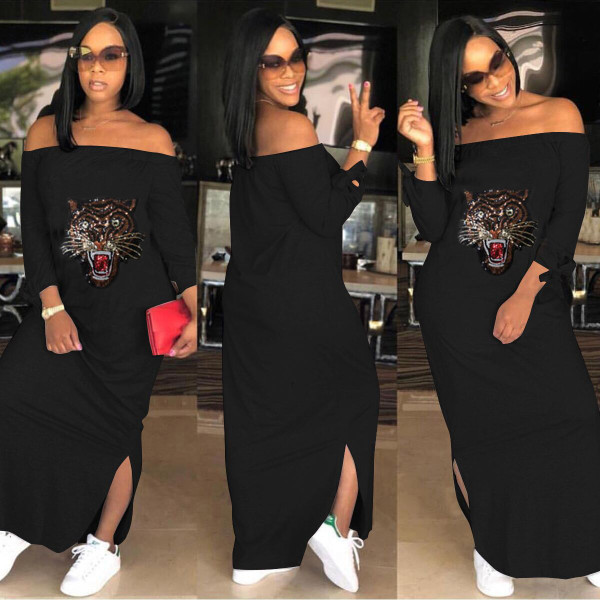 Sexy Sequins Printed Off Shoulder Long Sleeves Split Midi Dress QY5038
