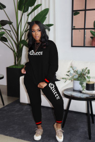 Casual Letter Printed Round Neck Long Sleeves Top With Drawstring Trousers Two Pieces Sets TH3578