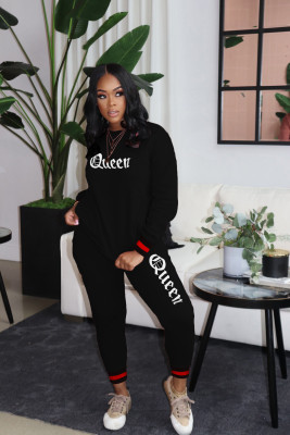 Casual Letter Printed Round Neck Long Sleeves Top With Drawstring Trousers Two Pieces Sets TH3578
