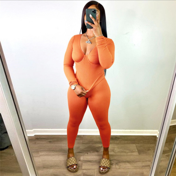 Sexy low-cut and high-waisted slimming solid color sports and leisure suit K21S00779