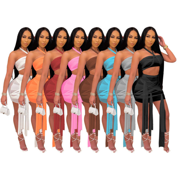 Womens see-through mesh bandage dress tube top skirt two-piece suit TRS1109