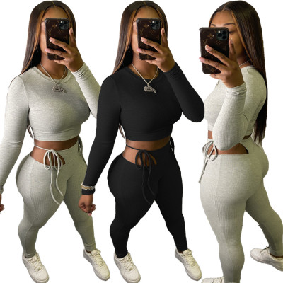 Fashion Solid Color Round Neck Long Sleeves Mini Top With Hollow Out Trousers Two Piece Sets WJ5117