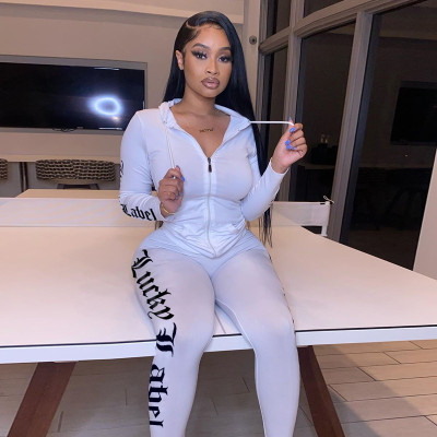 Fashion Letter Printed Long Sleeves Hooded Cardigan With Trousers Skinny Two Piece Sets S0A3519W