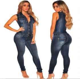 Fashion Denim Button Turn-Down Collar Sleeveless Skinny Jumpsuit  JLX8696