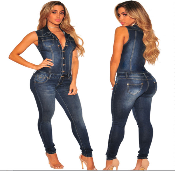 Fashion Denim Button Turn-Down Collar Sleeveless Skinny Jumpsuit  JLX8696