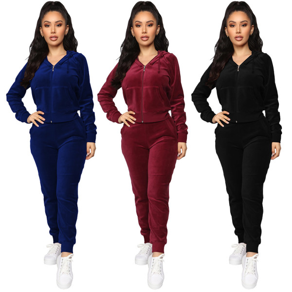 Casual Solid Color Zipper Long Sleeves Pocket Hooded Cardigan With  Straight Trousers Two Piece Sets